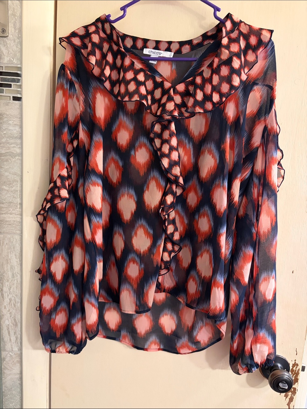 Chico's Coral and Navy Ruffle Front Printed Blouse with V-Neck